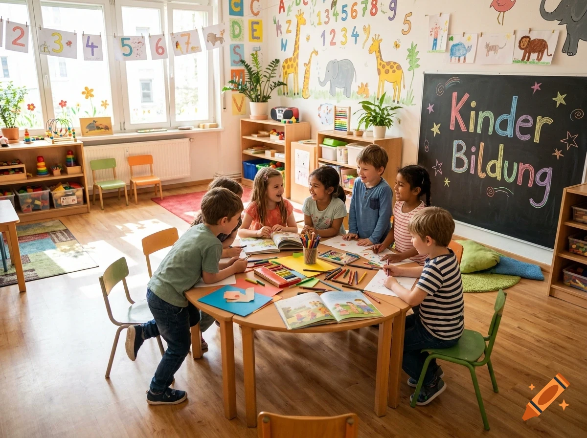 Children sitting around a table in a kindergarten classroom with art supplies and a chalkboard reading 'Kinder Bildung'.