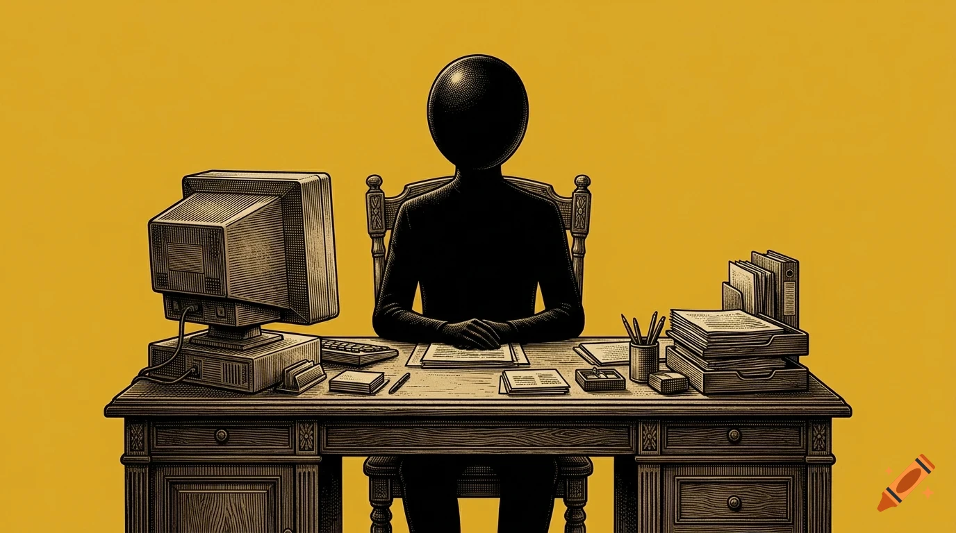 An illustration of a faceless dark figure seated at an office desk with a vintage computer, papers, and office supplies against a solid yellow background.