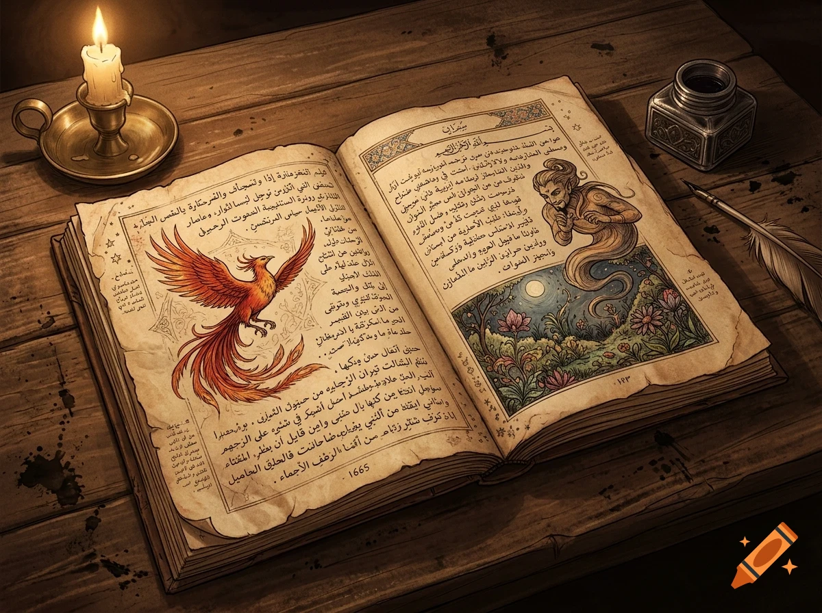 An open ancient book with illustrations of a phoenix and a genie, resting on a wooden table alongside a lit candle, inkwell, and quill.