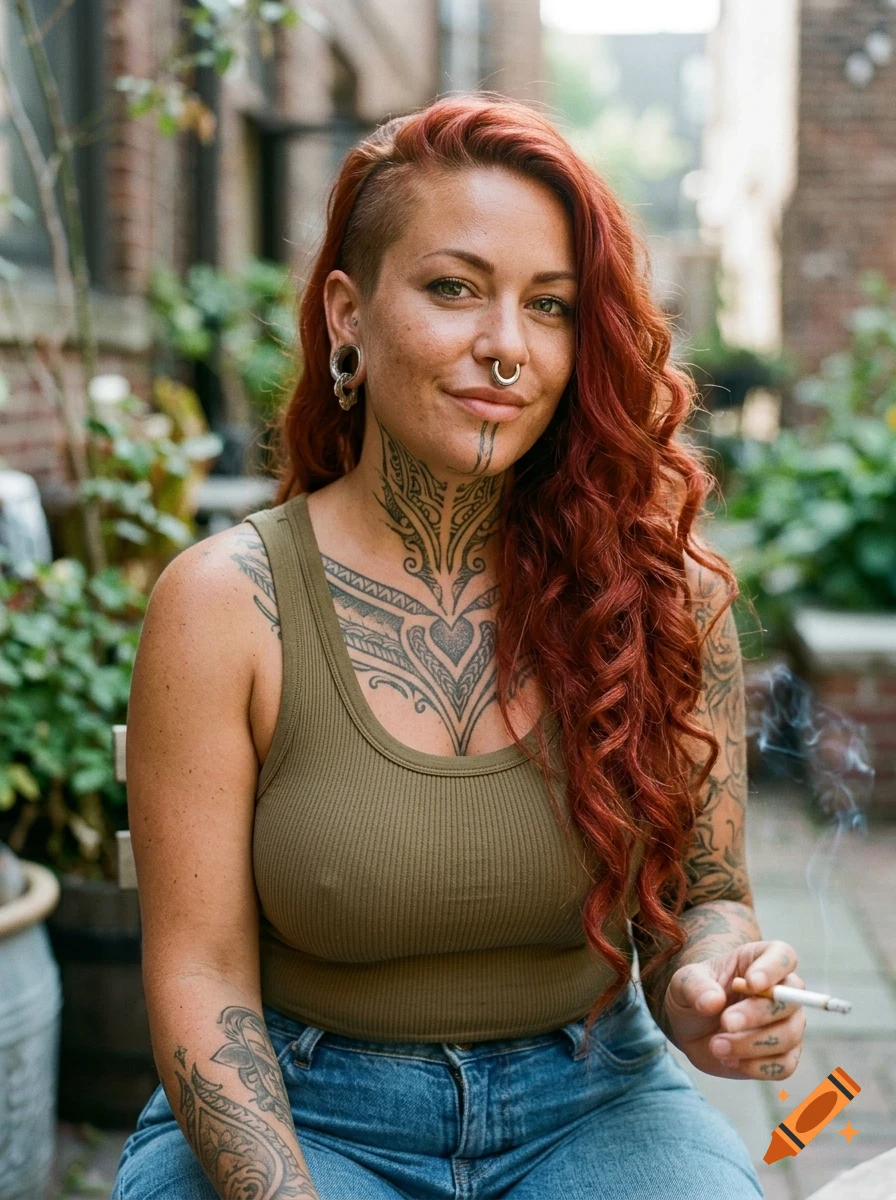 A portrait of a woman with red hair, tattoos, and piercings, wearing an olive tank top, holding a lit cigarette.