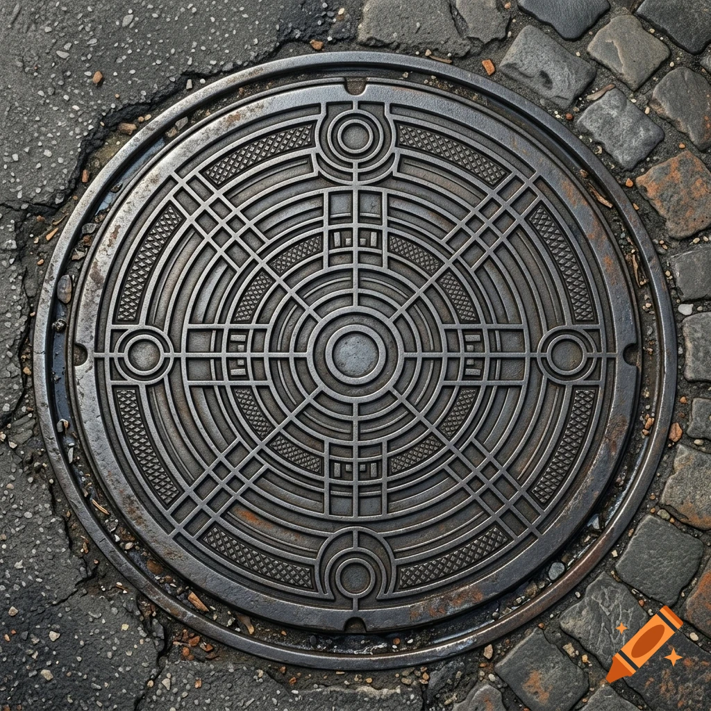 An ornate cast iron manhole cover with geometric patterns set into a cobblestone and asphalt street.