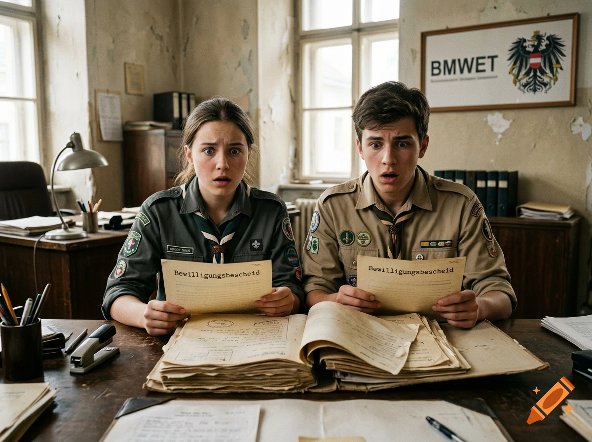 Photorealistic scene of a shocked boy and girl in scout uniforms holding official documents at an old office desk.