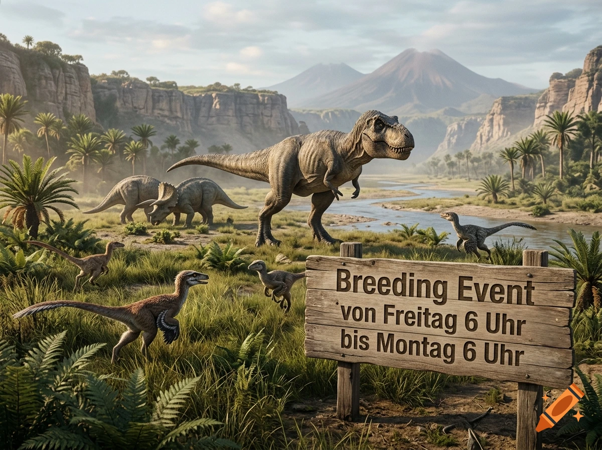 Photorealistic landscape featuring various dinosaurs near a river and a wooden sign that reads Breeding Event.