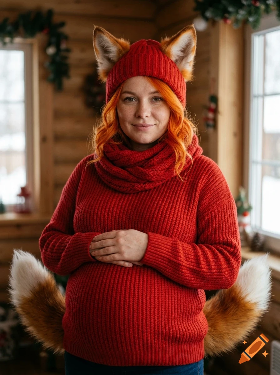 A portrait of a woman with red hair wearing a red knit hat with fox ears, a red scarf, and a red sweater, with fox tails attached around her waist.