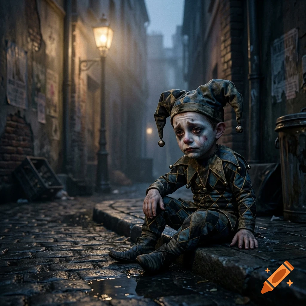 A sad-looking child dressed as a jester sits on the curb of a cobblestone alleyway at night.