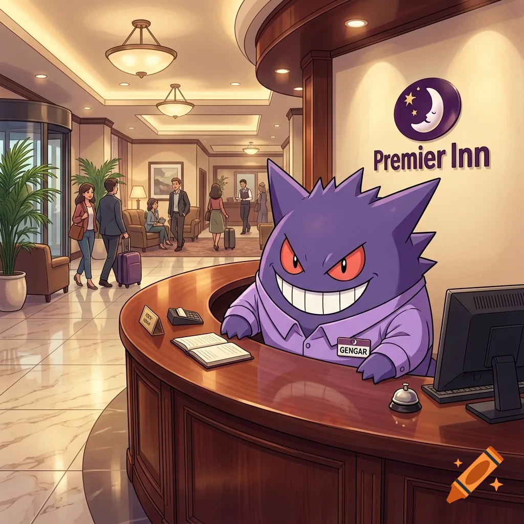 A purple Pokémon character wearing a name tag works as a receptionist at a hotel front desk, with other guests and staff in the lobby.