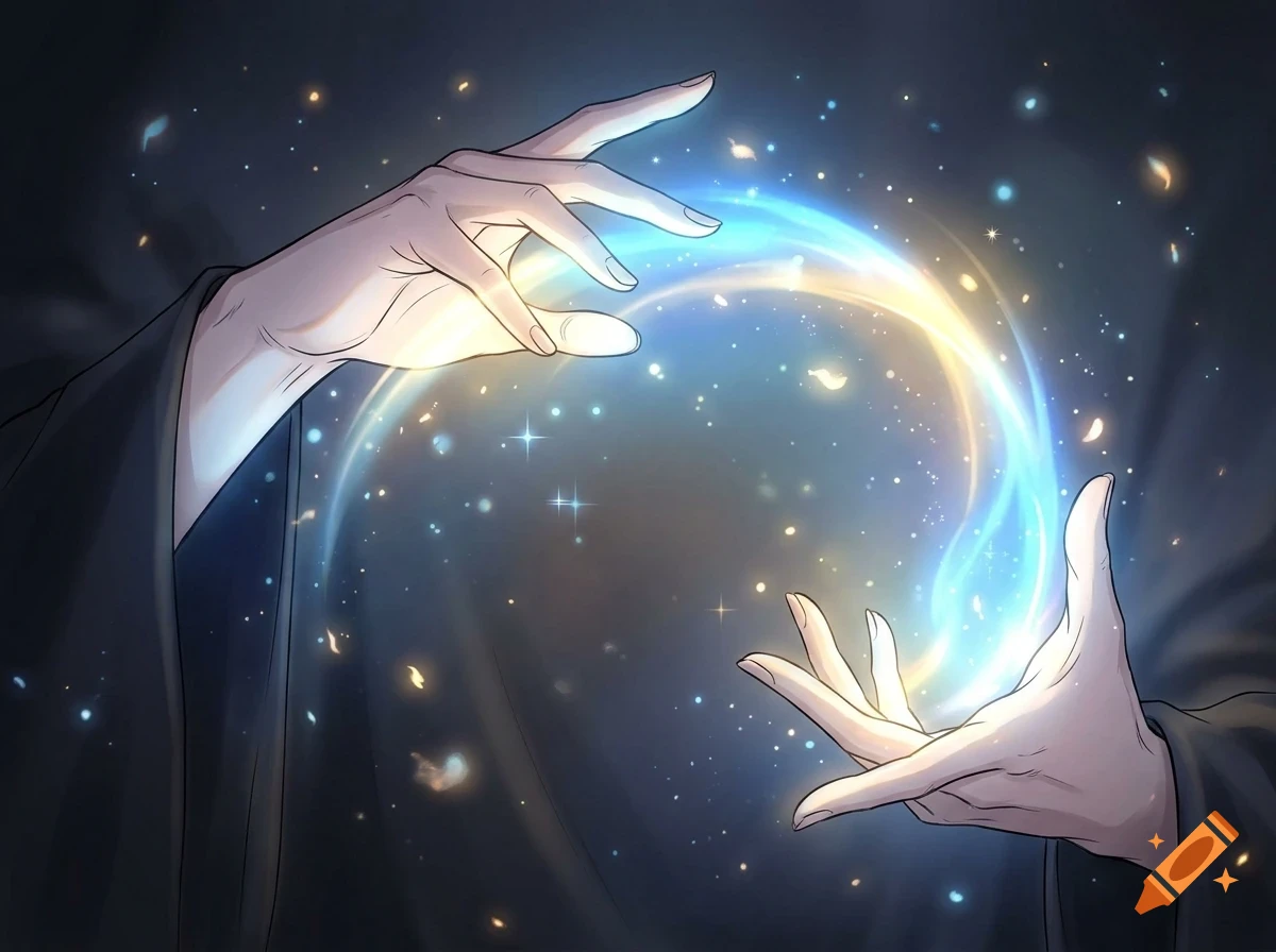 An illustrated digital artwork of two hands shaping a glowing, swirling sphere of blue and yellow magic light amidst floating particles.