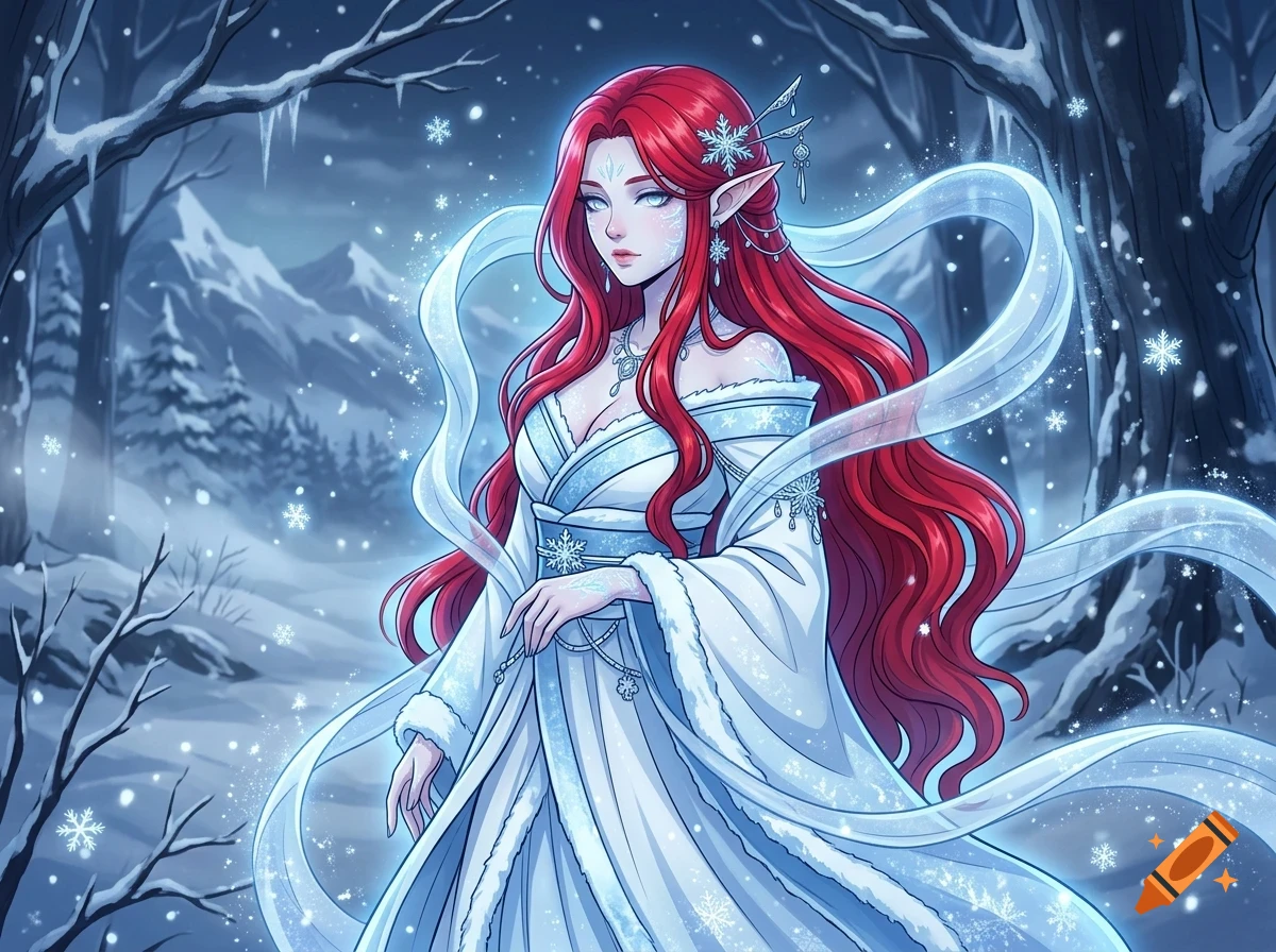 An anime-style illustration of a fantasy elf woman with long red hair and pointed ears, wearing a white winter gown in a snowy forest.