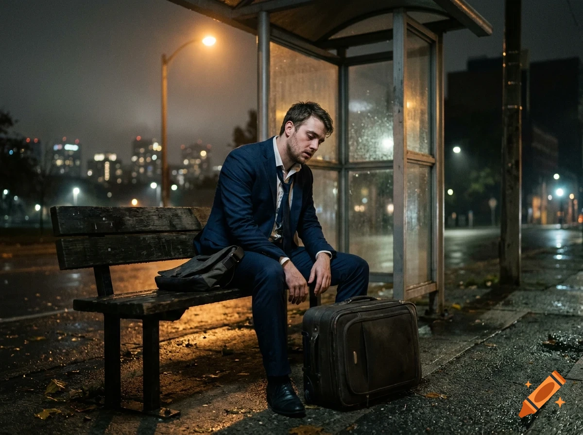 A tired-looking man in a suit sits on a wooden bench at a bus stop at night, with a suitcase beside him and a city skyline in the background.