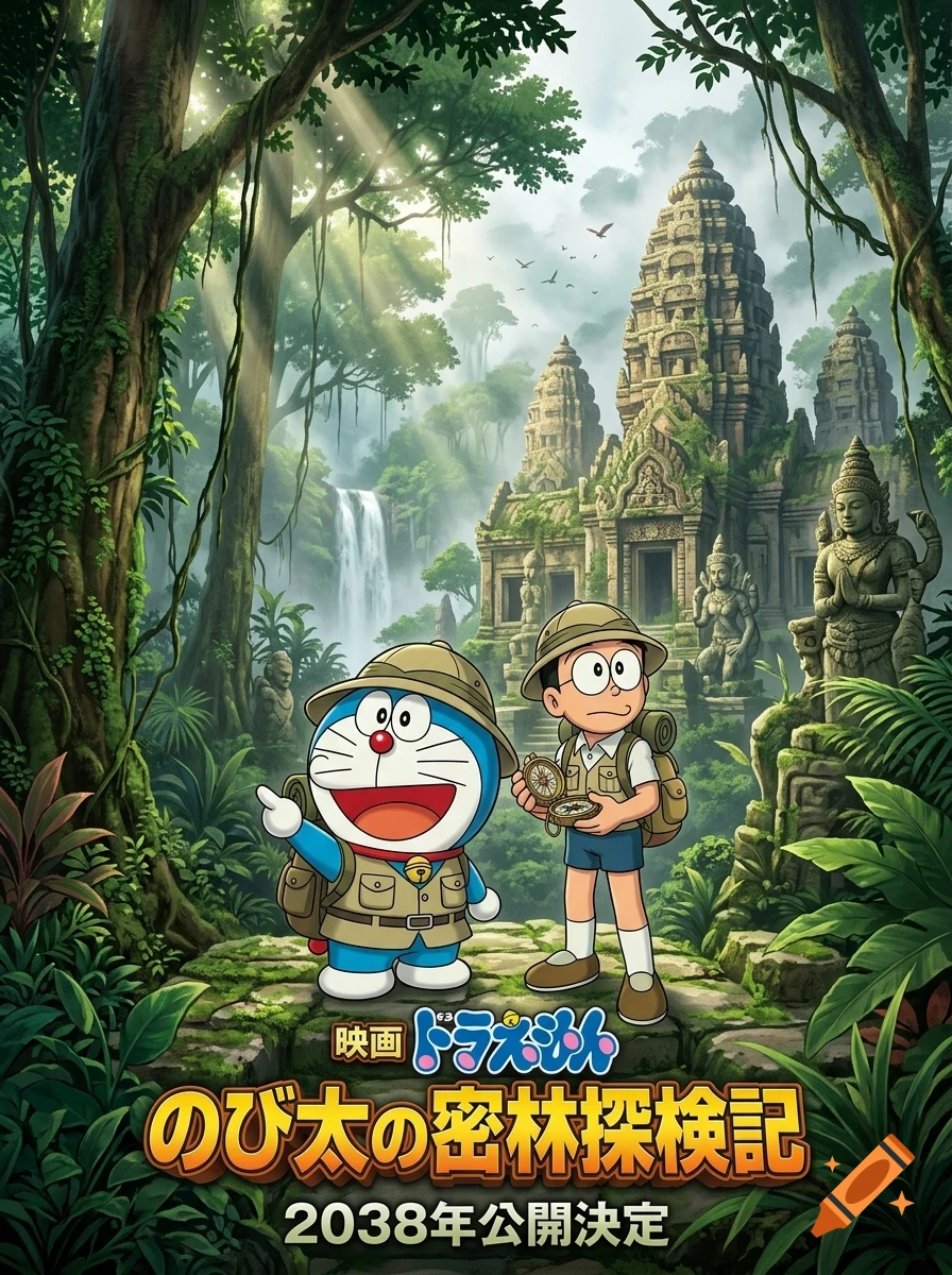 An anime-style movie poster featuring Doraemon and Nobita exploring an ancient temple ruins hidden in a lush green jungle.