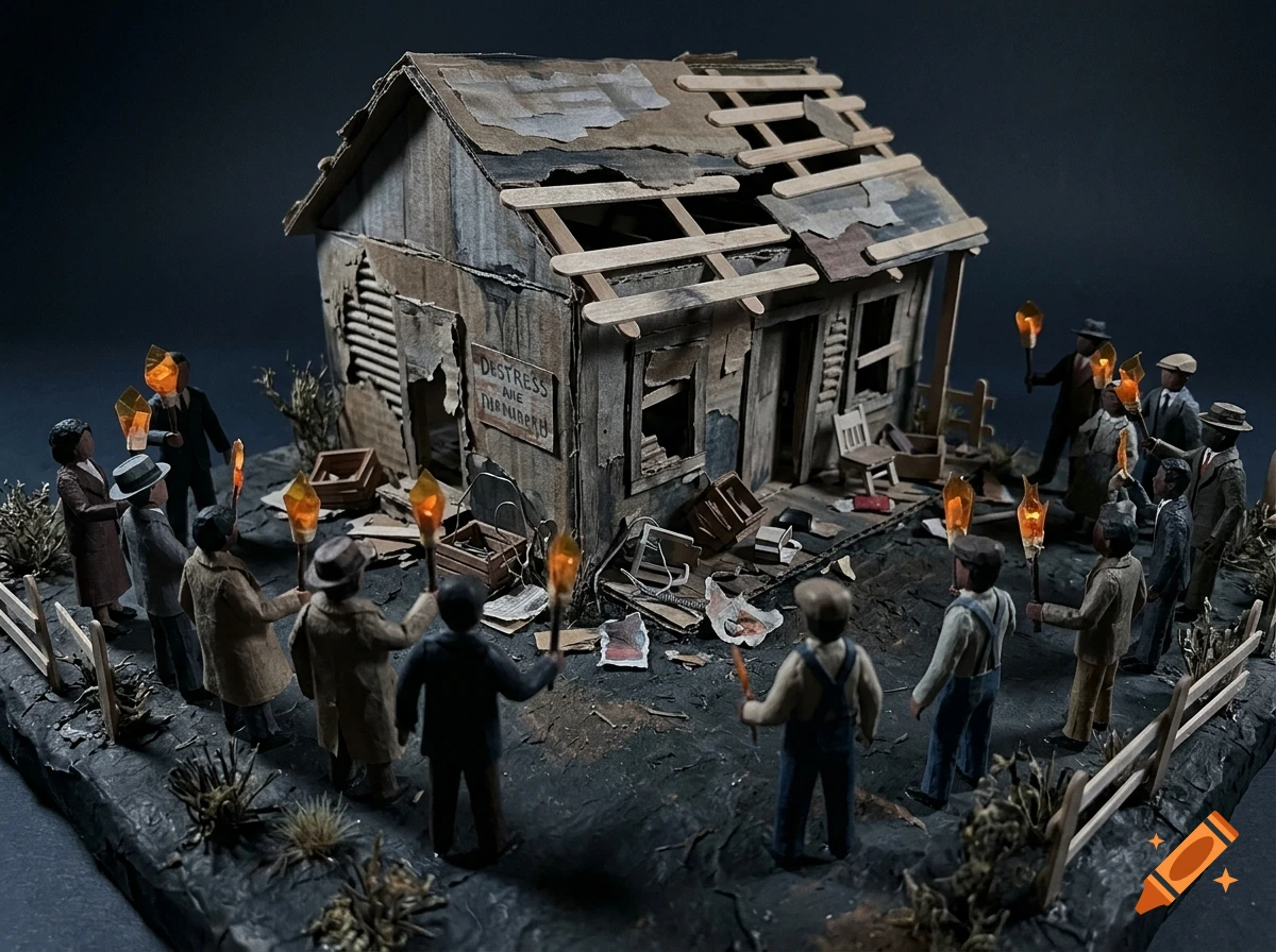 Cardboard diorama model depicting a dilapidated house surrounded by miniature figurines holding torches.