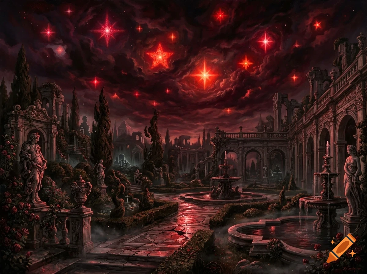 A mystical classical garden under a dark red sky filled with glowing red stars and clouds.