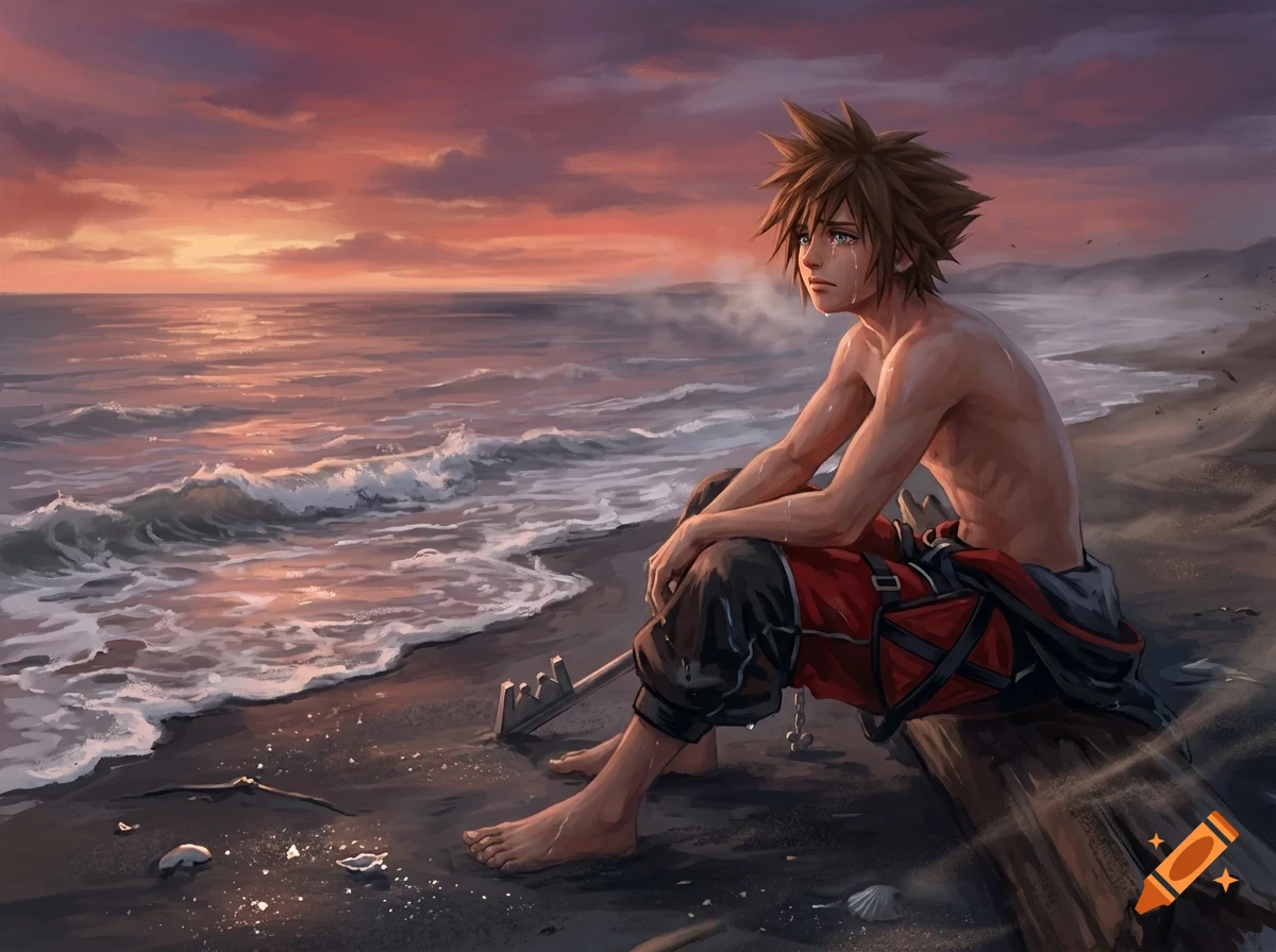 An anime character with spiky brown hair sits crying on a log by the ocean at sunset.