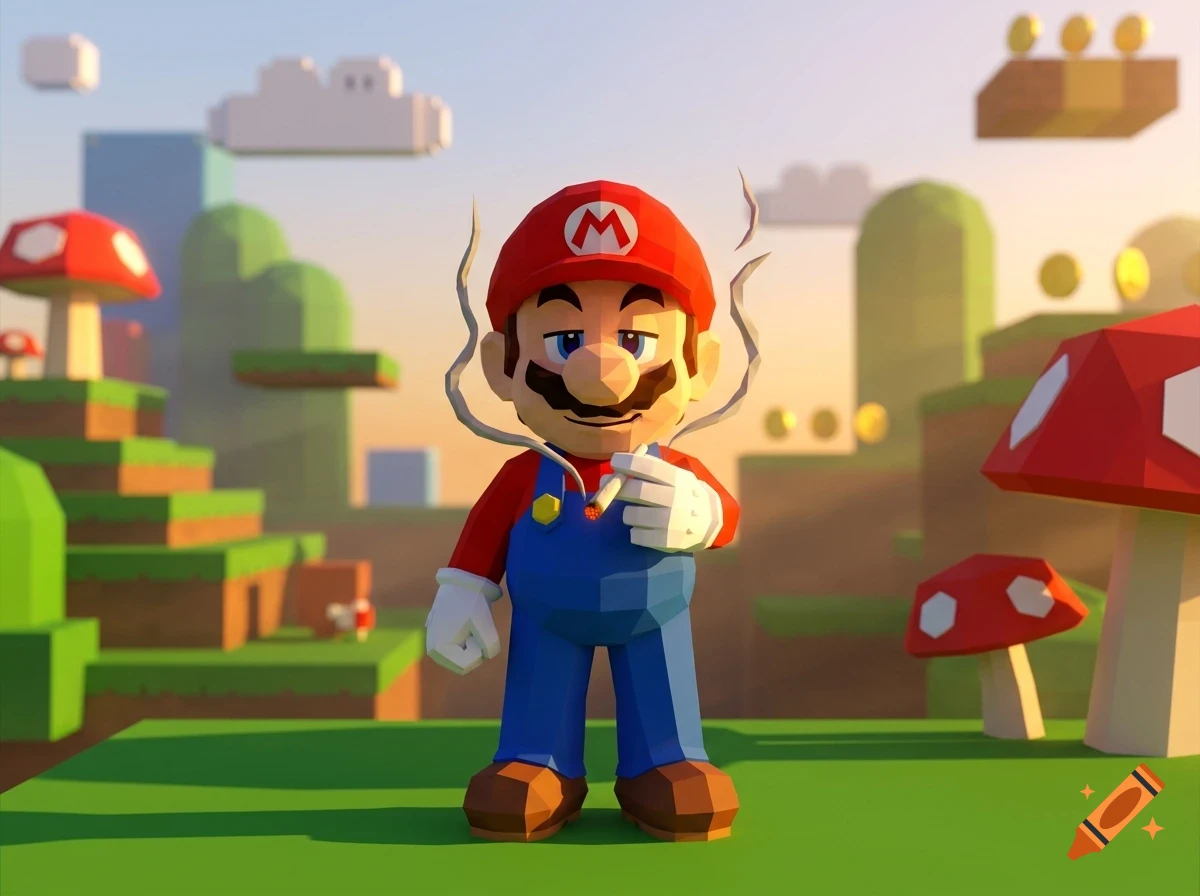 A low-poly 3D render of Mario standing in a video game landscape with blocky clouds, hills, and mushrooms, smoking a cigarette.