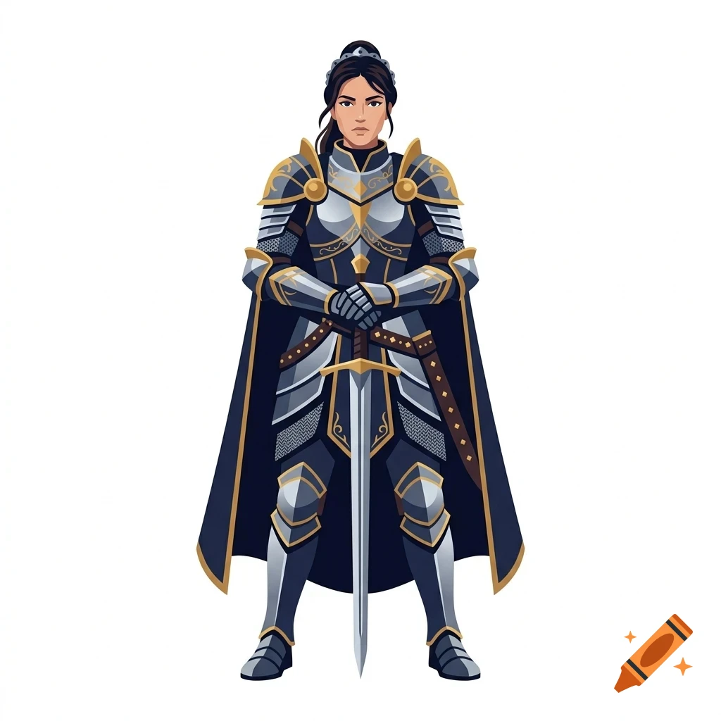 A female warrior wearing elaborate blue and gold armor and a cape, standing with her hands on the hilt of a grounded sword.