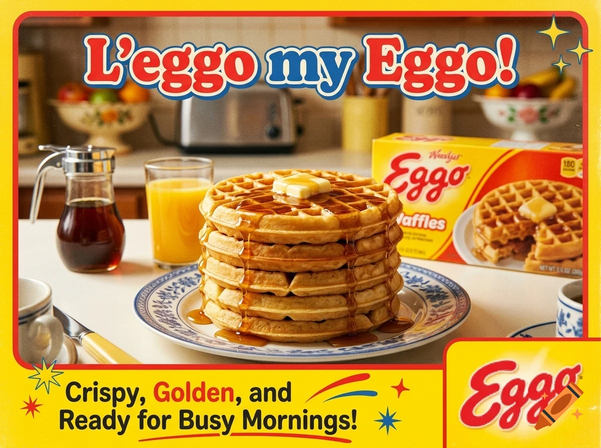 An advertisement for Eggo waffles showing a tall stack of waffles on a decorative plate, topped with melting butter and syrup, alongside a glass of orange juice, a syrup dispenser, and an Eggo waffle box in the background kitchen setting, with the text L'eggo my Eggo! displayed prominently.