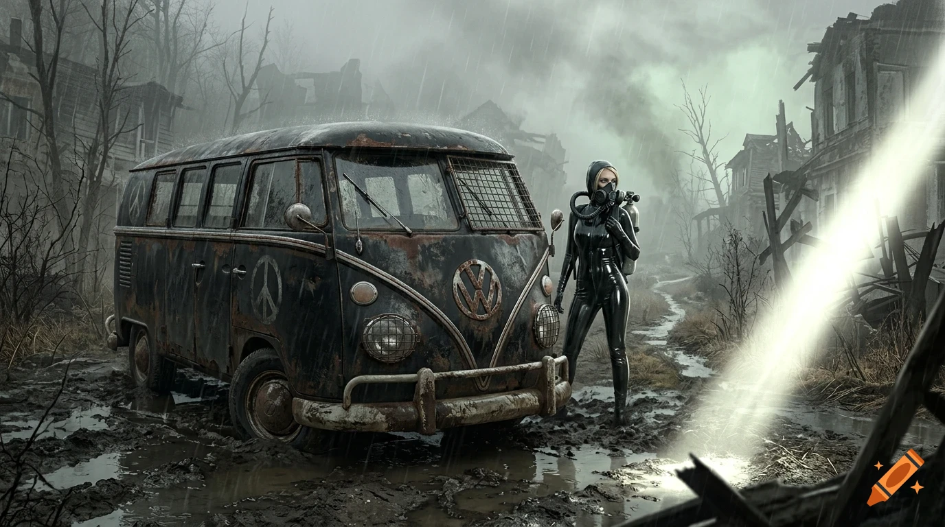 A person in a black catsuit and gas mask stands next to a rusty Volkswagen camper van in a muddy, ruined post-apocalyptic town while it rains.