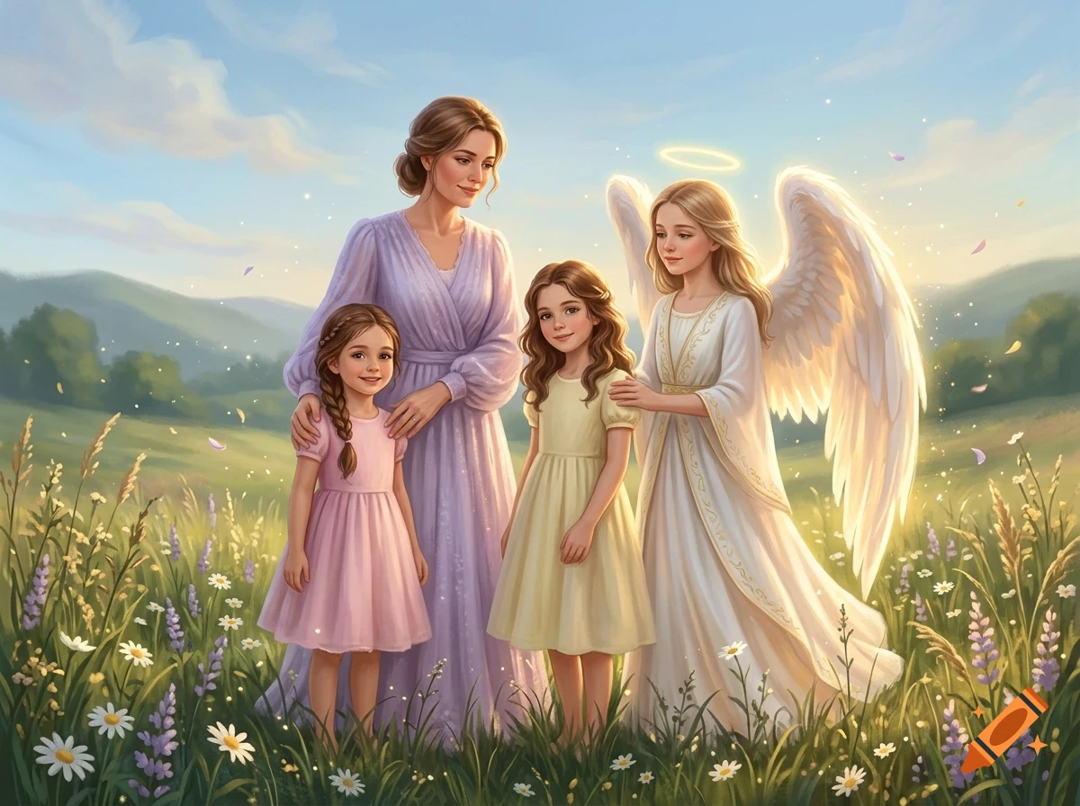 An adult woman, two young girls, and a winged angel stand together in a grassy meadow filled with wildflowers under a soft sky.