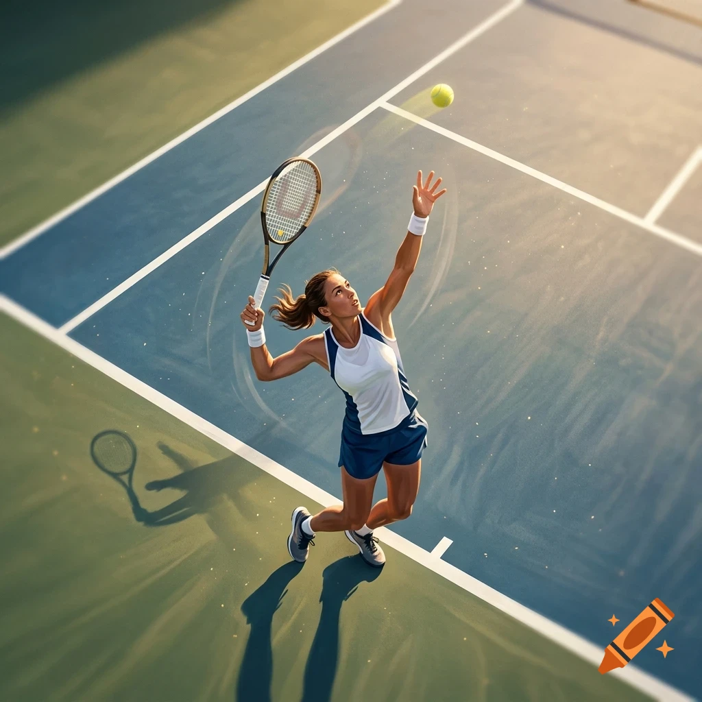 An overhead shot of a female tennis player tossing a ball up to serve on a court.