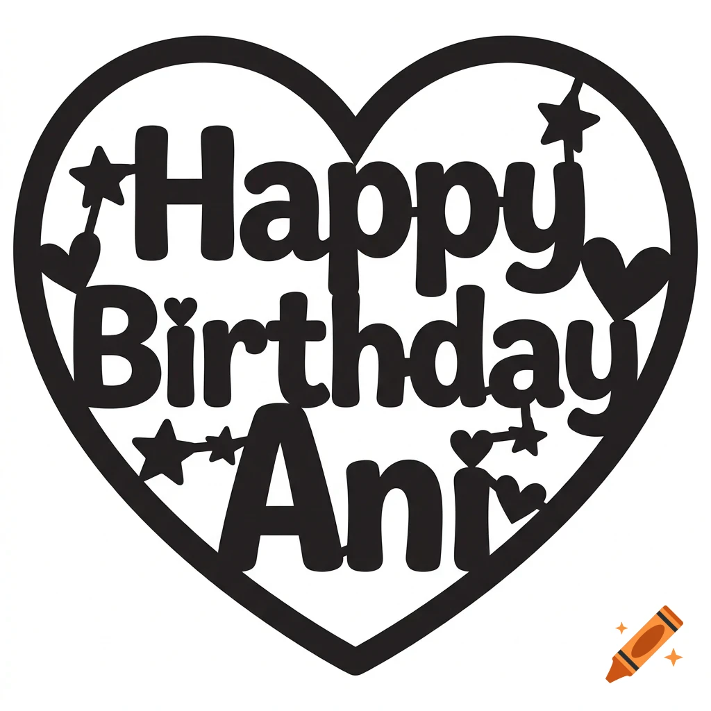 A black silhouette design featuring a heart shape containing the text "Happy Birthday Ani" decorated with small hearts and stars.