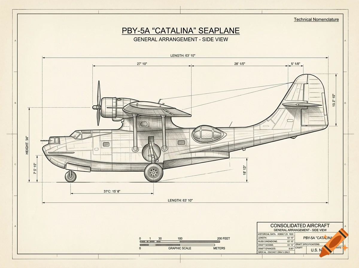 A technical blueprint of a PBY-5A Catalina seaplane showing side-view general arrangement, measurements, and technical labels.