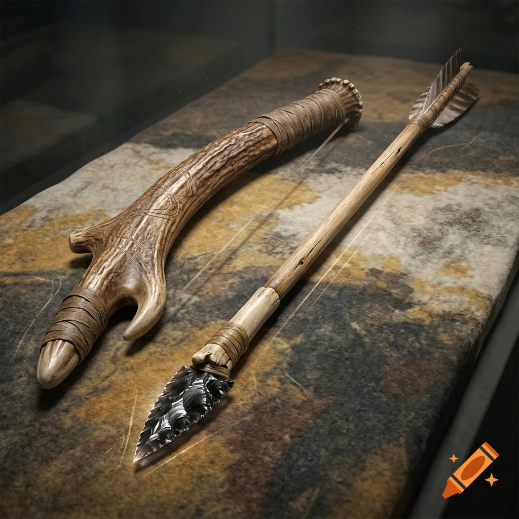 An ancient-style carved antler tool or dagger with leather wrapping next to a wooden arrow with a chipped black stone arrowhead and feathered fletching on a textured surface.