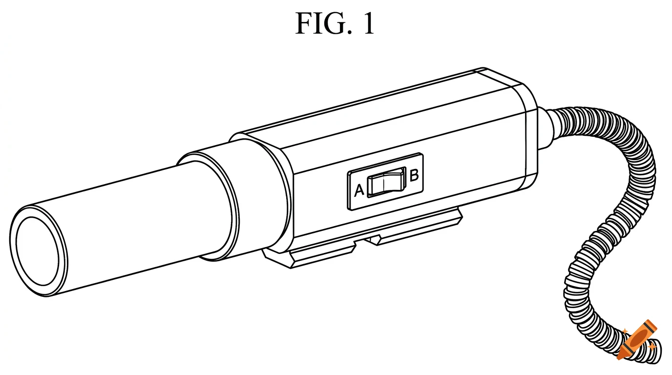 A line drawing illustration labeled FIG. 1 showing a handheld tool with a switch marked A and B and a coiled cord.