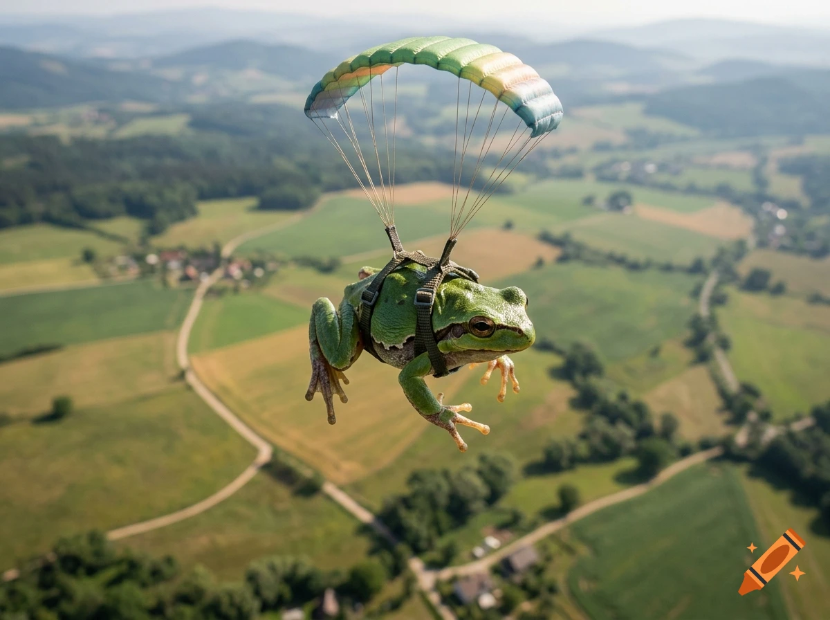A photorealistic green frog parachuting over a scenic landscape of green fields and hills.