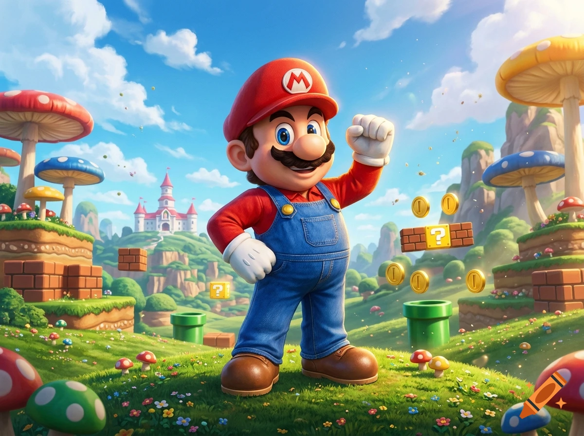 Mario in a vibrant Mushroom Kingdom landscape with castles, hills, giant mushrooms, and floating question mark blocks.