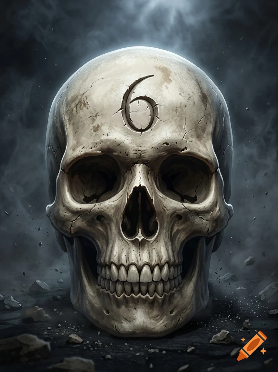 A close-up image of a human skull with the number 6 etched into its forehead, set against a dark, smoky background with debris.
