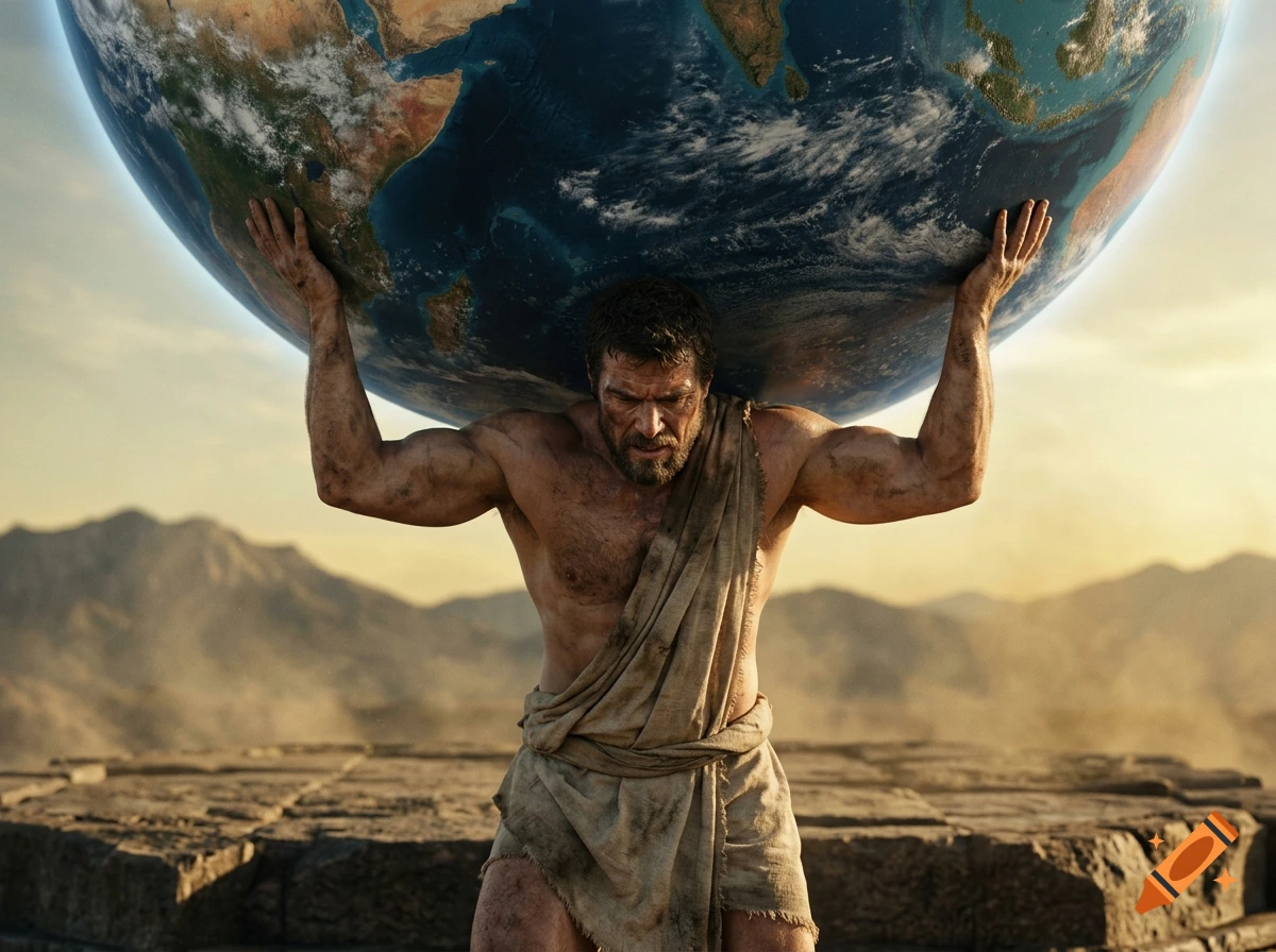 Photorealistic depiction of Atlas straining under the weight of a large globe, set against a mountainous background during sunset.