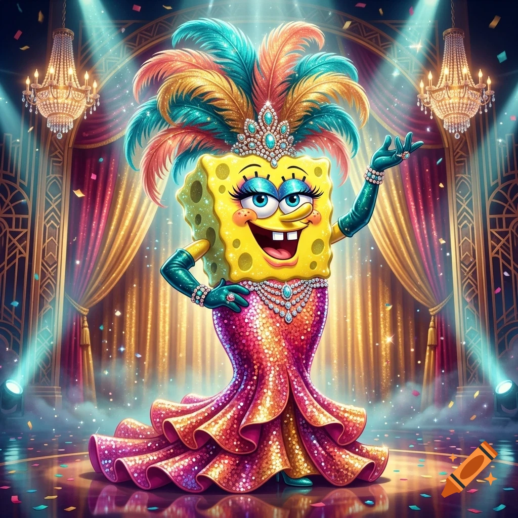 SpongeBob SquarePants dressed in a glamorous sparkly gown and feathered headdress, performing on a stage with chandeliers and stage lights.