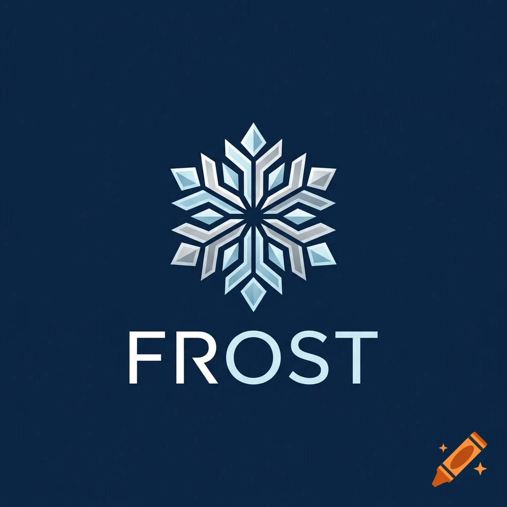 Minimalist logo featuring a stylized geometric snowflake above the word FROST on a dark blue background.