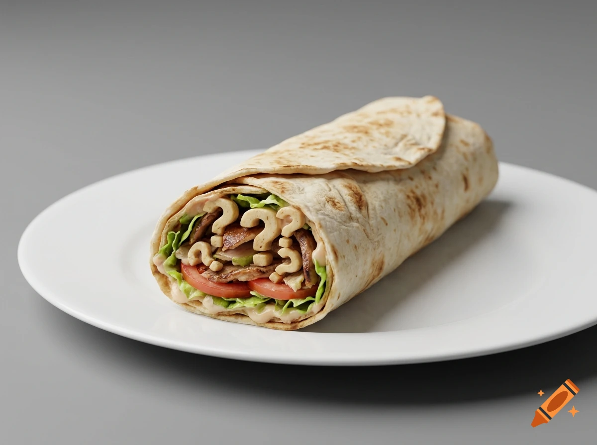 A photorealistic dürüm wrap on a white plate against a grey background, with question mark shaped fillings visible.