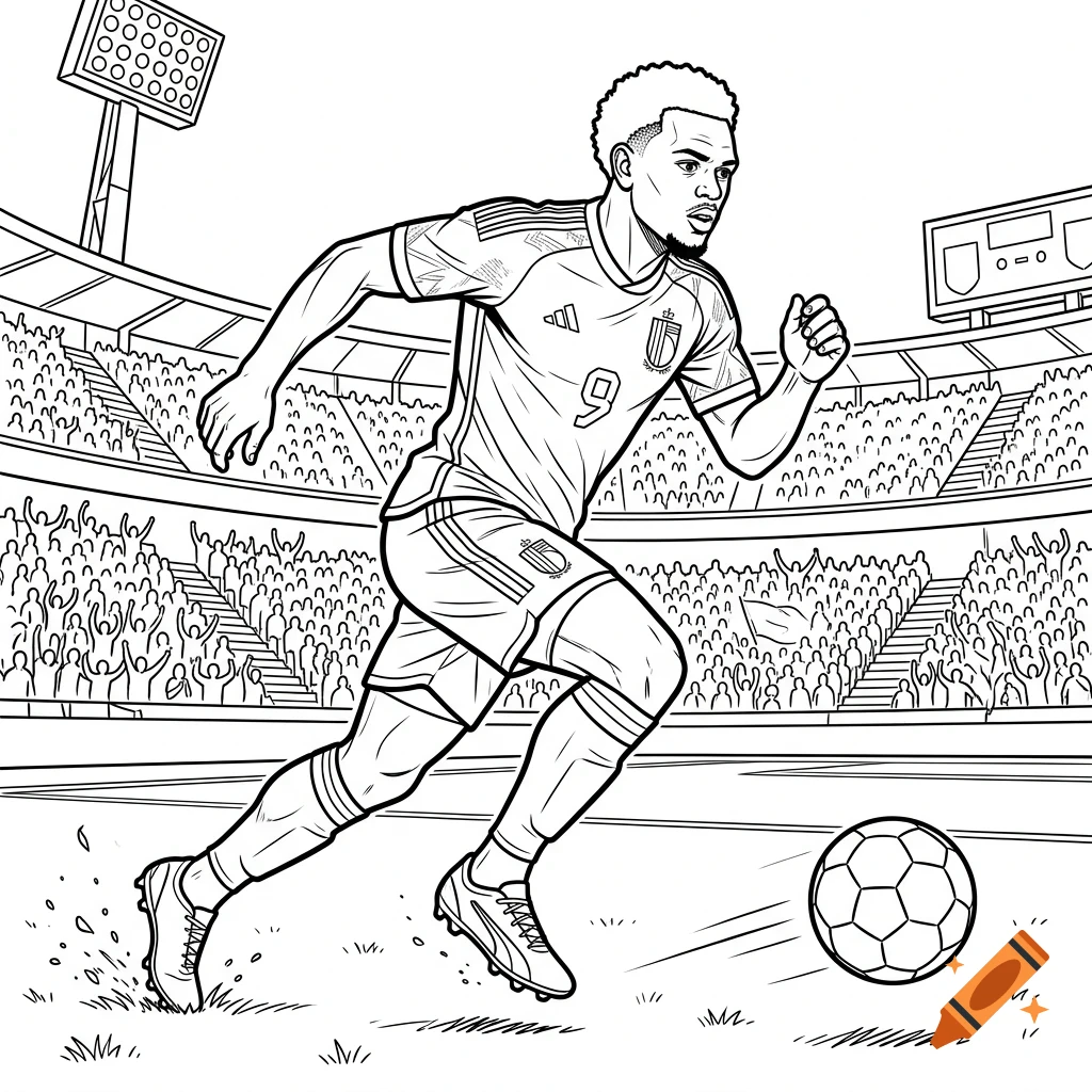 Black and white line art of a male soccer player running on a field with a soccer ball, set in a stadium with a cheering crowd.