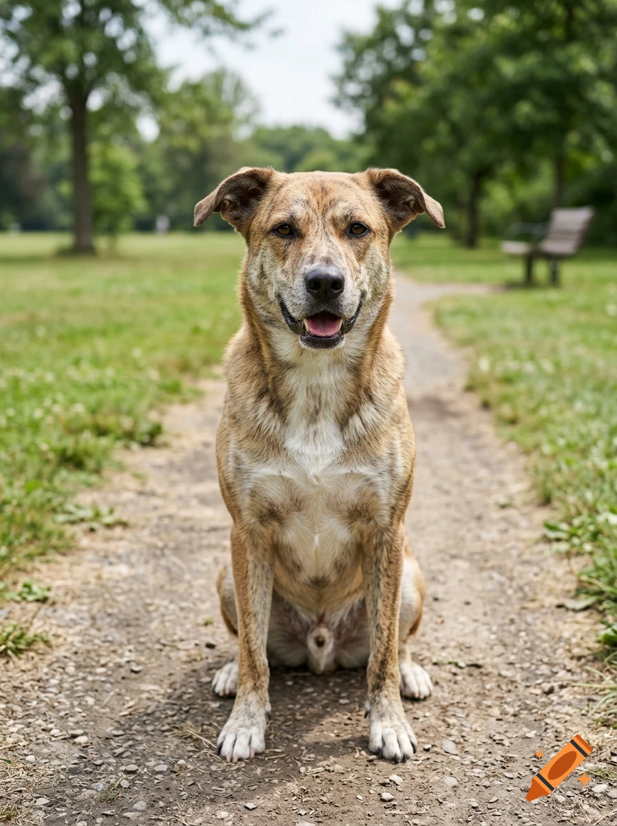 A medium-sized brindle dog sitting attentively on a dirt path in a park.