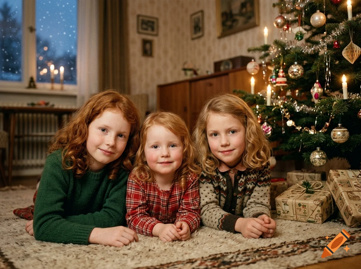 Three young girls lying on a carpet in a living room decorated for Christmas with a lit tree and wrapped presents.