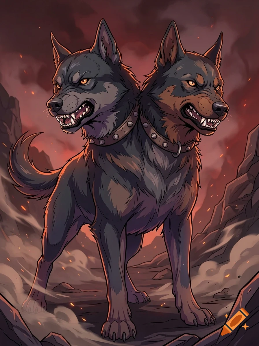 An illustration of a fierce two-headed mythical dog with spiked collars standing in a rocky, smoky landscape.