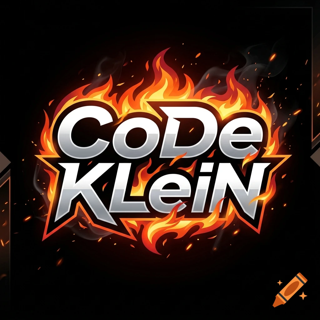 Digital logo with the text CoDe KlEiN in metallic silver, engulfed in stylized orange and red flames on a black background.