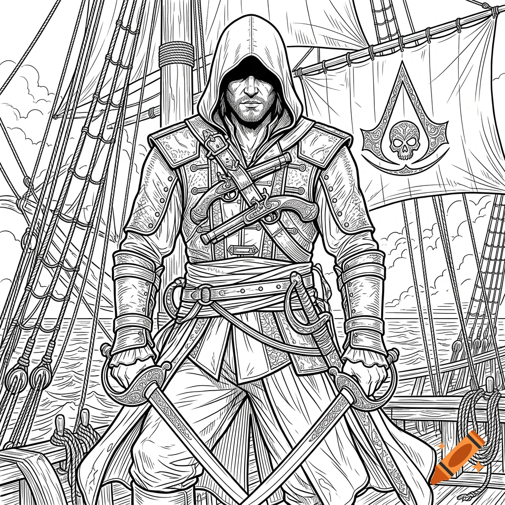Black and white line art depicting a hooded assassin standing on a ship deck, holding swords with pistols on his chest and a pirate flag in the background.