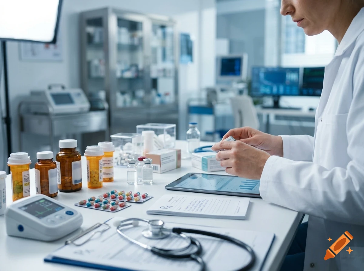 A healthcare professional in a lab coat is organizing prescription bottles and medical supplies on a table.