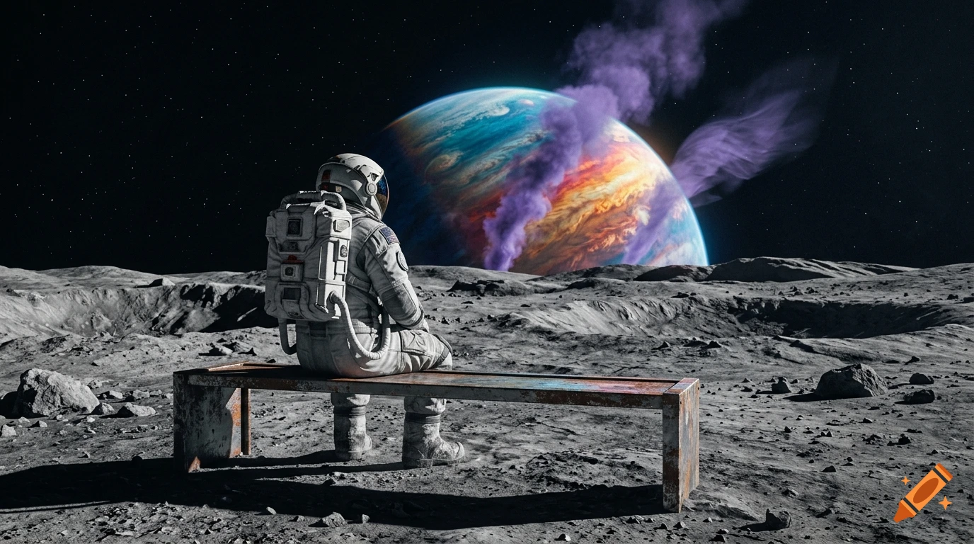 An astronaut in a spacesuit sitting on a bench on the moon, looking at a colorful planet emitting purple smoke in the starry sky.