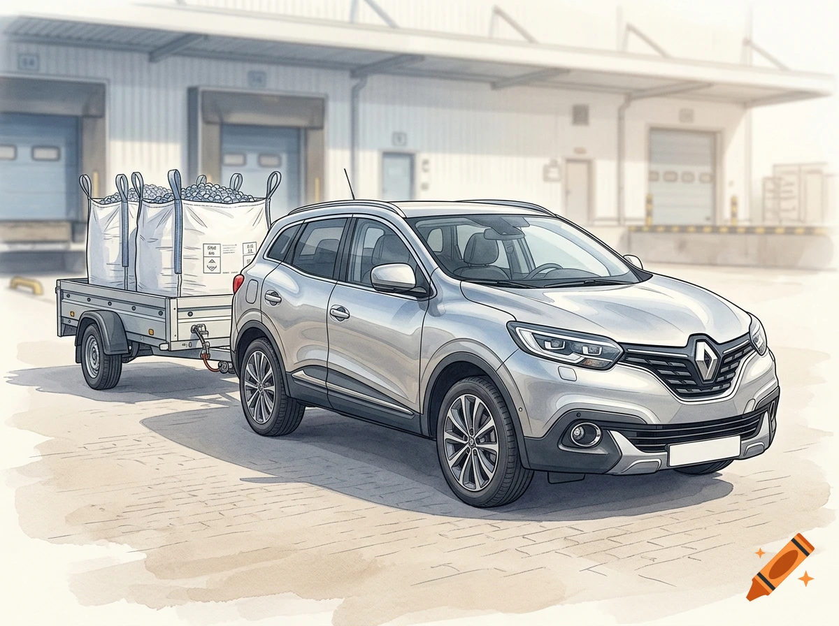 Colored pencil sketch of a silver Renault Kadjar towing a trailer loaded with large white bags in front of a warehouse.