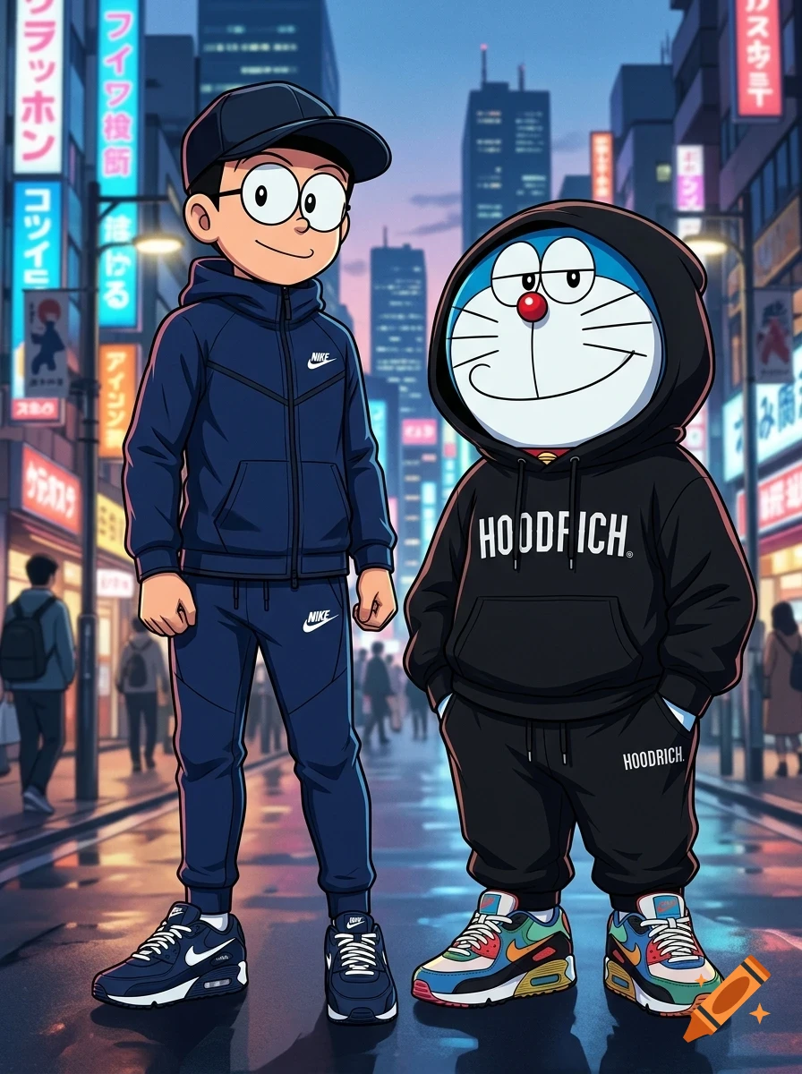 An anime-style illustration of a boy in a blue tracksuit and cap standing beside a cat-like robot in a black hoodie, set on a neon-lit city street.