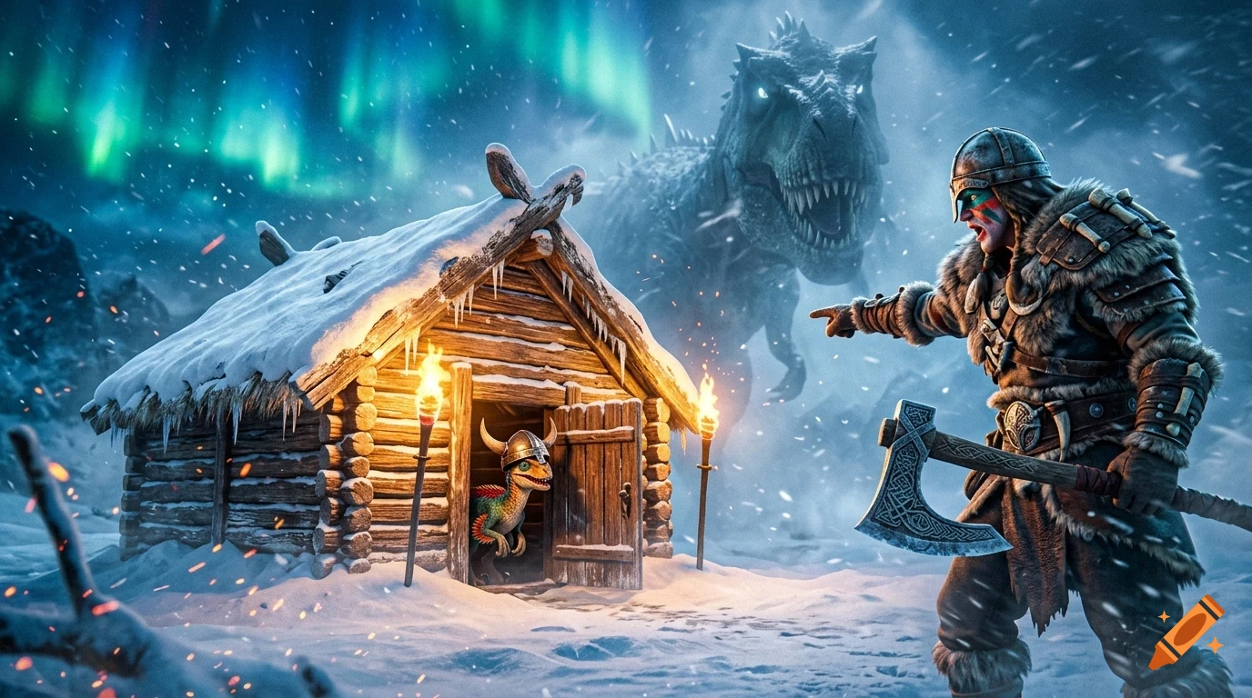 A warrior in fur armor and a horned helmet points toward a giant dinosaur looming over a snowy log cabin under a glowing aurora borealis, while a smaller dinosaur peeks out from the doorway.