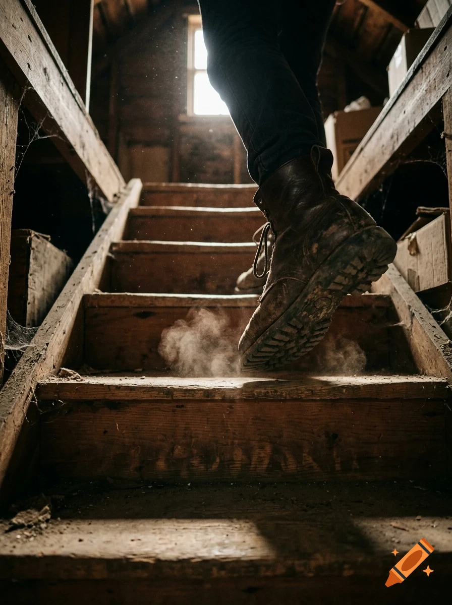 A close-up low-angle shot of a person wearing muddy boots walking up old wooden stairs in a dusty attic, kicking up dust with each step.