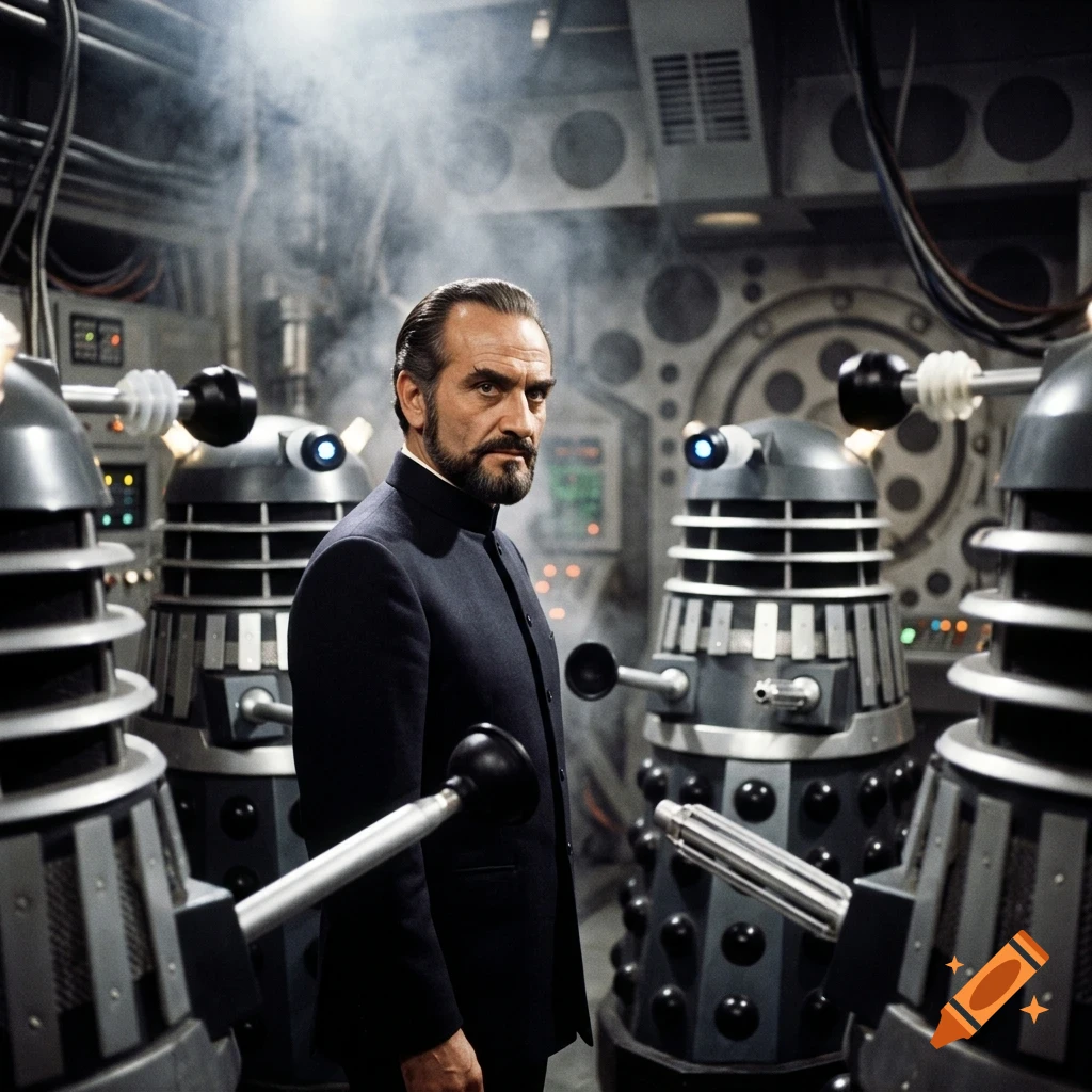 A man in a dark tunic standing amongst robotic creatures with plunger-like arms inside a metallic sci-fi interior.