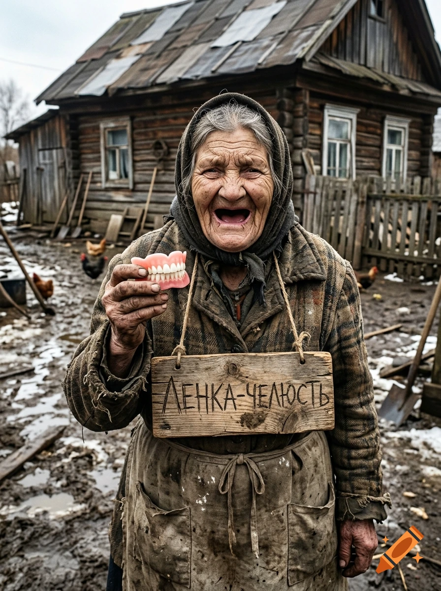 Hyperrealistic satirical portrait of a ragged old woman in a Russian village holding false teeth and a wooden sign, photorealistic.