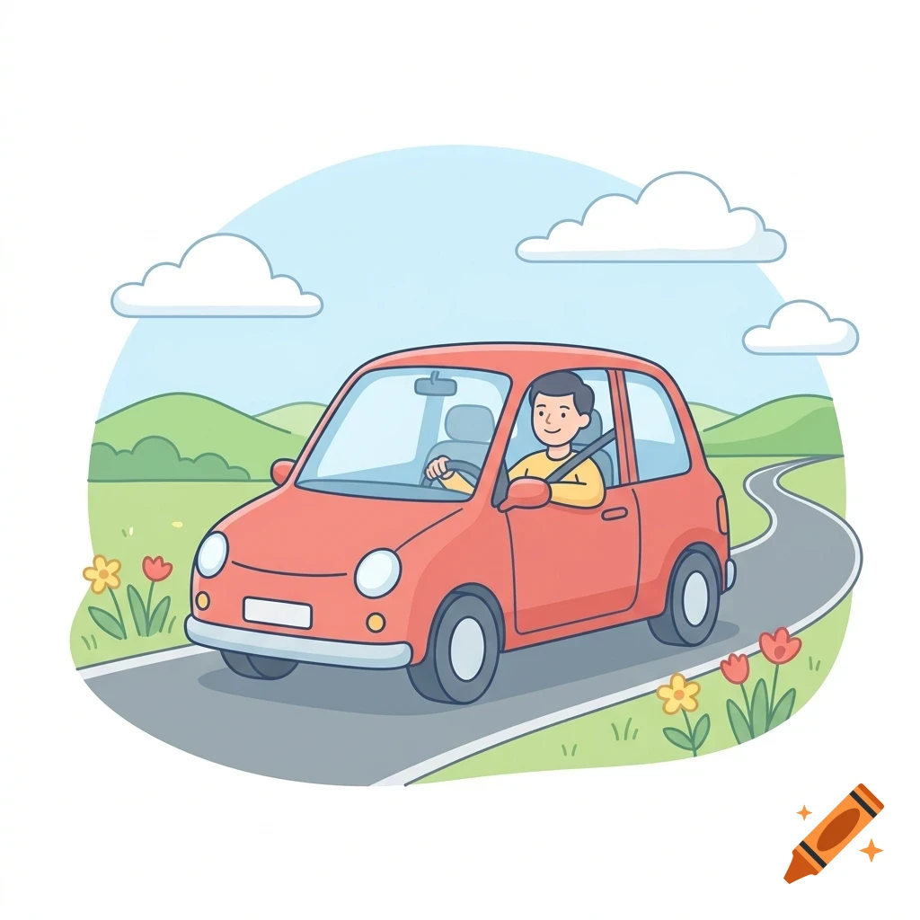 A person driving a small red car on a winding country road with green hills, flowers, and clouds in the background.