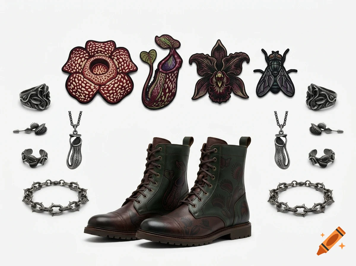 An arrangement of botanical and insect-themed fashion items including boots, embroidered patches, jewelry, and accessories on a white background.